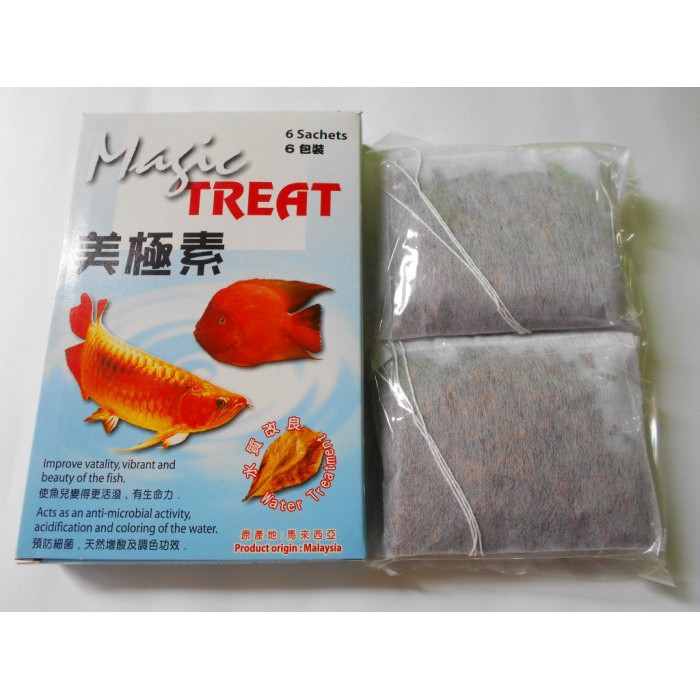 微笑的魚水族 Magictreat 美極素 純天然欖仁葉 6包 盒 龍魚 金魚 血鸚鵡 三間鼠適用 天然增酸及增色 蝦皮購物