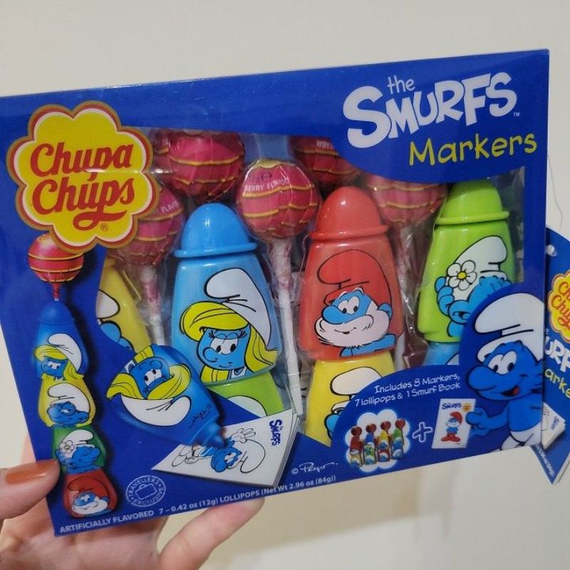 全新現貨 加倍佳棒棒糖 卡通馬克筆組 聯名款 藍色小精靈 SMURFS 交換禮物 加倍加 CHUPA CHUPS 彩色筆