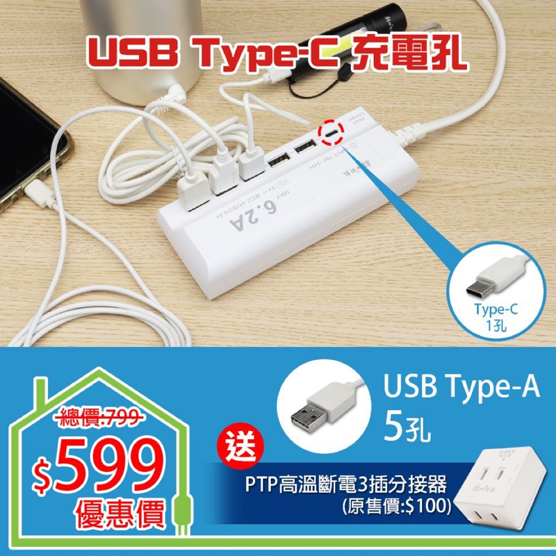 【朝日科技】 USB-06 6USB智慧快充6.2A延長線1.5米 (加贈組)