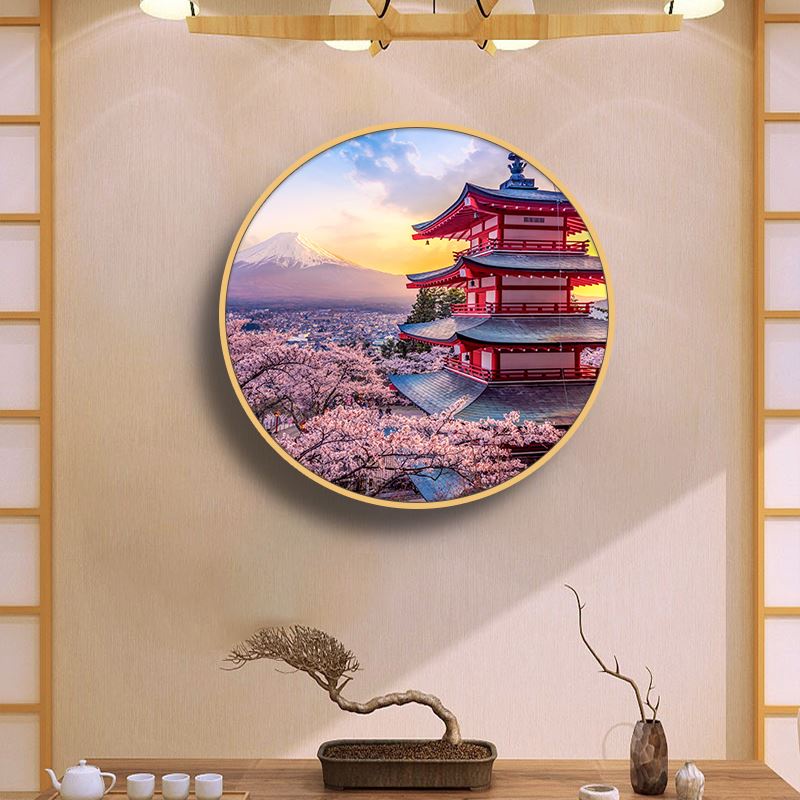 日式和風裝飾畫日本風景富士山圓形掛畫餐廳料理店居酒屋壁畫日料