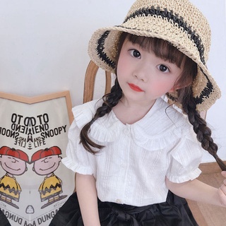 ❤熱銷推薦！女童白色短袖襯衫娃娃領時髦韓版洋氣襯衫寶寶兒童上衣薄款夏裝潮