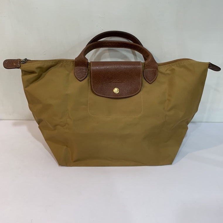 W 法國經典名牌 LONGCHAMP 二手 駝色 Le Pliage 真皮短把 尼龍摺疊 水餃包 中