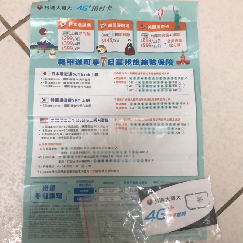 台灣大哥大日本網路漫遊吃到飽網卡預付卡-4天不限速