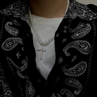 現貨實拍🐚 珍珠鑲鑽十字項鍊 水鑽 十字架 珍珠 嘻哈 歐美 時尚 男 女 中性 潮流 街頭 項鍊 頸鏈 女 個性
