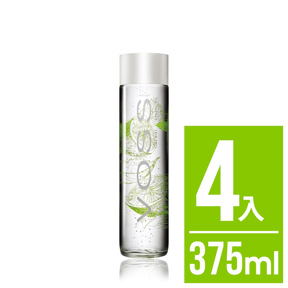 【VOSS芙絲】萊姆薄荷風味氣泡礦泉水(4入x375ml) - 時尚玻璃瓶