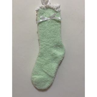 冬季 保暖襪 珊瑚絨 室內地板襪 居家睡眠襪 毛巾絨毛襪 中筒襪 半統襪 襪子-蘋果綠色 白色蝴蝶結🎀花邊 全新