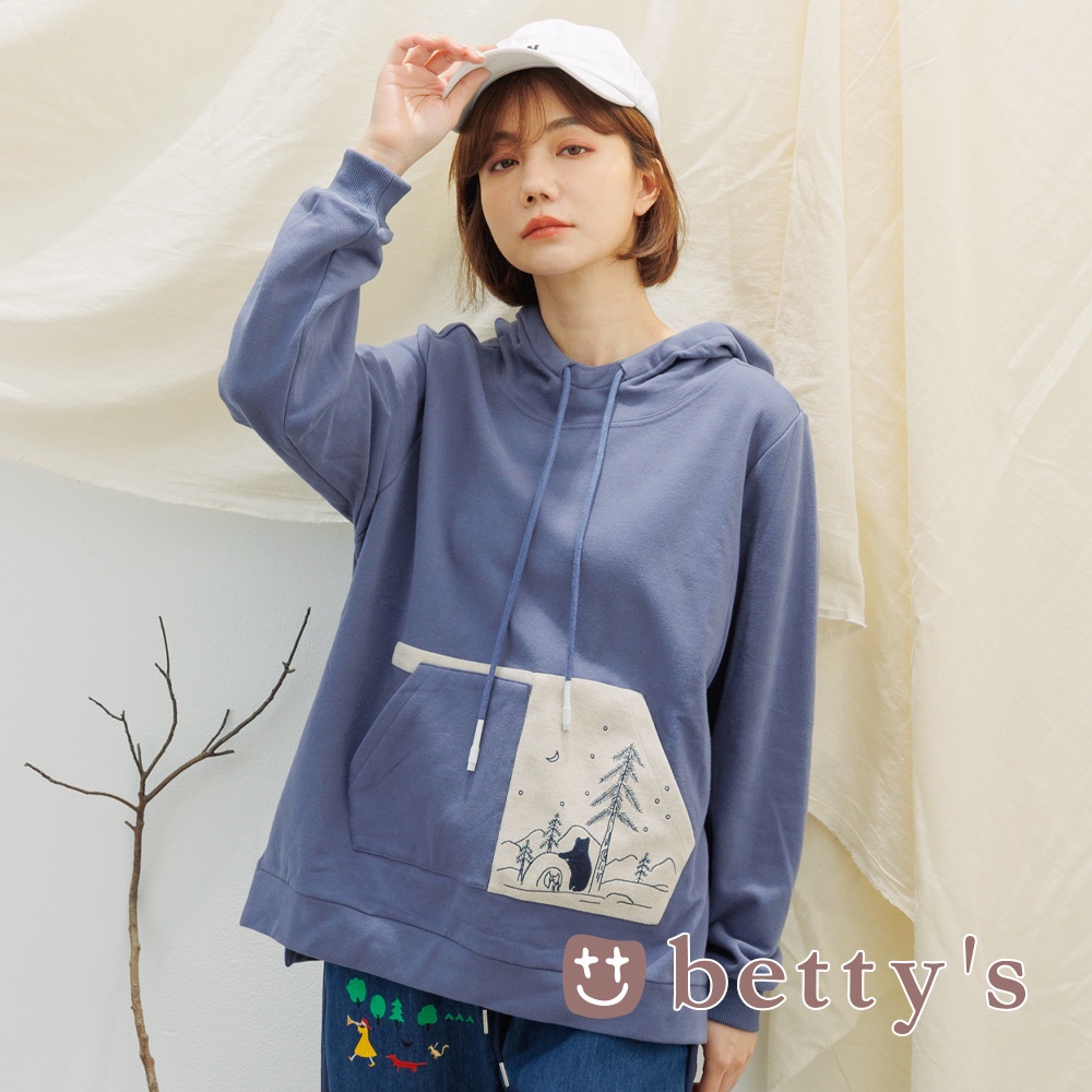 betty’s貝蒂思(15)跳色拼接口袋連帽厚T-shirt(藍紫色)