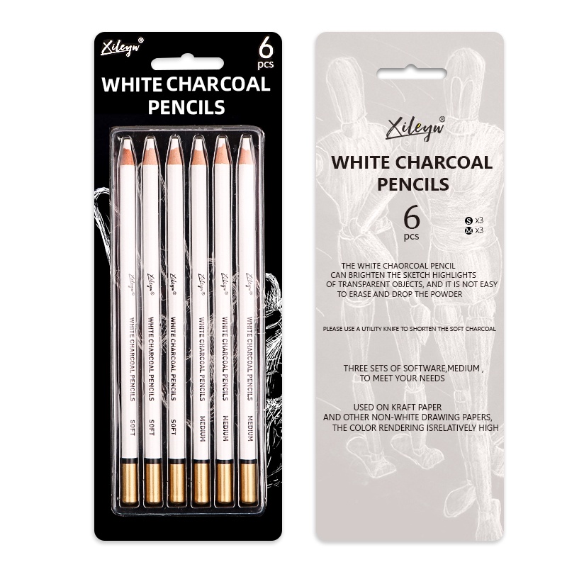 Xileyw 6支白色木炭鉛筆套裝 軟中型白色粉筆鉛筆 繪製素描高光陰影寫生繪畫 【現貨】