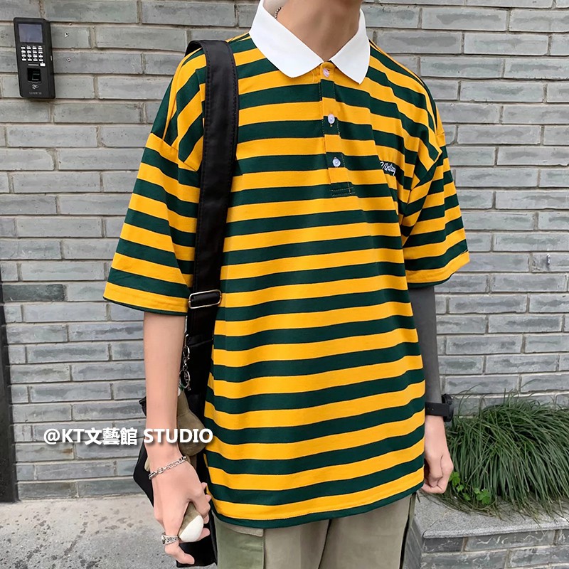條紋短T tee M-2XL 韓國短袖Polo衫 素色 拼接翻領短袖 學院風工作服 素面排汗衫