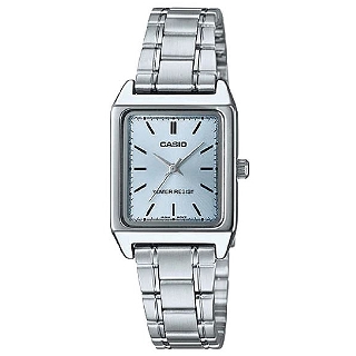 【CASIO】經典時尚方形不鏽鋼腕錶-天藍面(LTP-V007D-2E)