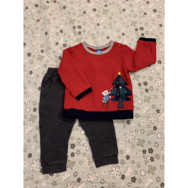 麗嬰房 紅色-男嬰活力聖誕樹長袖上衣刷毛長褲組（2號）