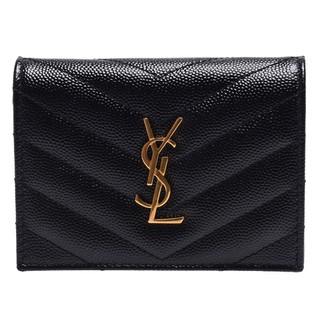 YSL MONOGRAM系列 金色金屬LOGO V字縫線 魚子醬 牛皮 暗釦對折短夾