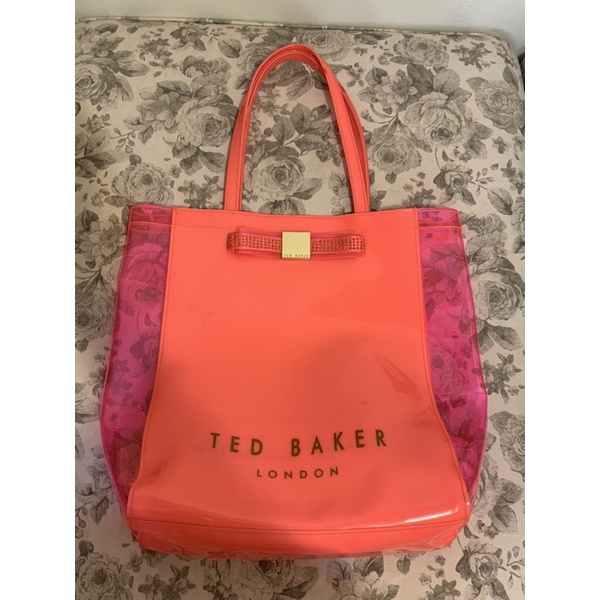 英國倫敦品牌🇬🇧TED BAKER LONDON亮粉紅蝴蝶結透明防水包 托特包 肩背包 手提包🎀大款