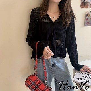【HanVo】春夏純色透膚針織外套 韓系休閒百搭針織外套上衣 韓國韓系女裝 女生衣著 A02-1739