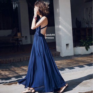 CandyHS [SIX4] 海邊渡假沙灘裙夏季性感藍色大露背交叉繫帶長洋裝