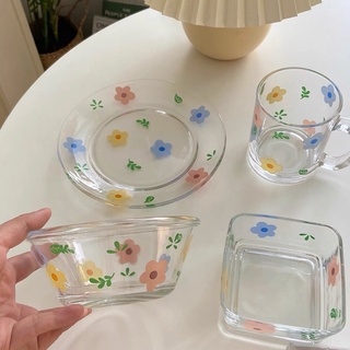 ins透明花朵玻璃水杯餐盤水果盤方盤圓碗