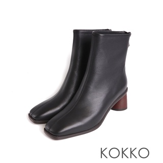 KOKKO復古方頭造特殊木紋鞋跟短靴黑色素面