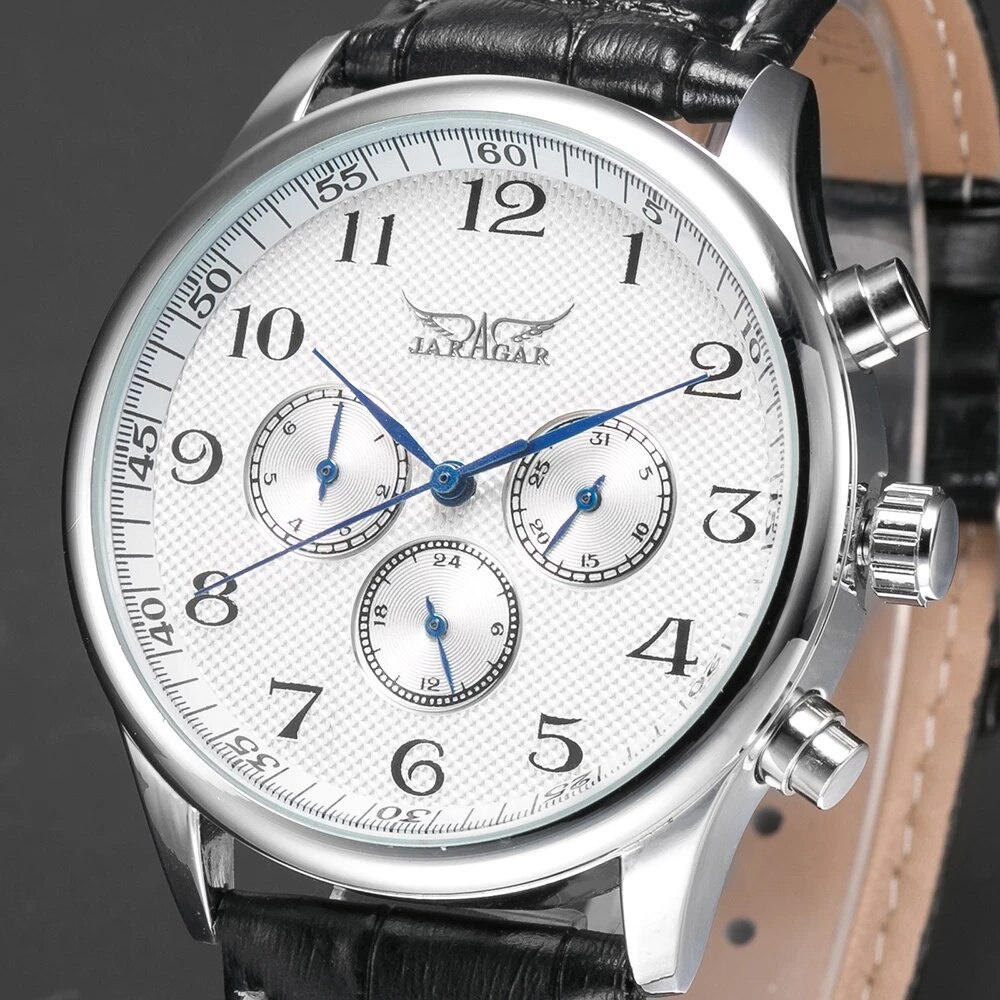 Jaragar 男士時尚白色自動手錶黑色皮革錶帶男士商務日期機械手錶
