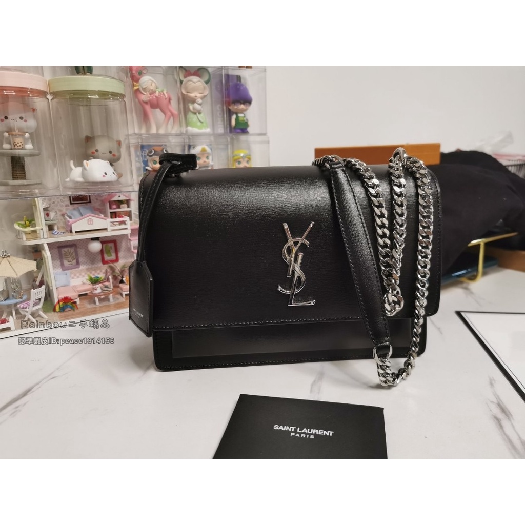 Rainbow 二手精品 YSL Sunset 日落包 銀標Logo 鏈條單肩斜挎包 中號 黑色 442906