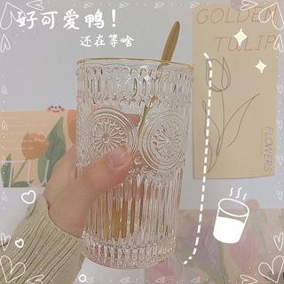 ins網紅北歐風復古浮雕金邊玻璃杯太陽花水杯奶茶店果汁杯冷飲杯