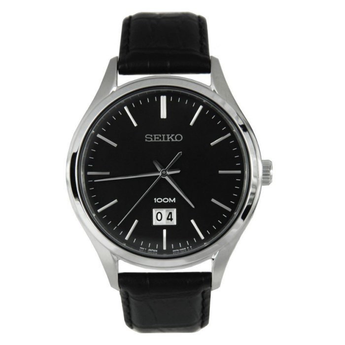 SEIKO WATCH 精工大錶面100米單日期灰黑面時尚石英皮帶腕錶 型號 :SUR023P2