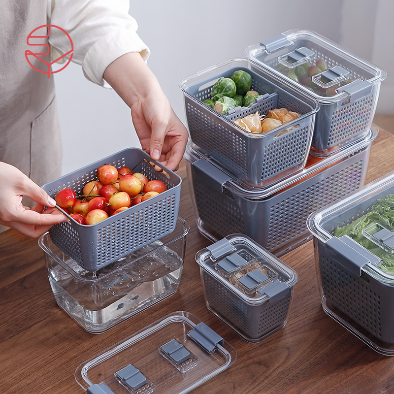 霜山日式瀝水保鮮盒 塑膠洗水果洗菜瀝水籃廚房冰箱密封果蔬收納盒