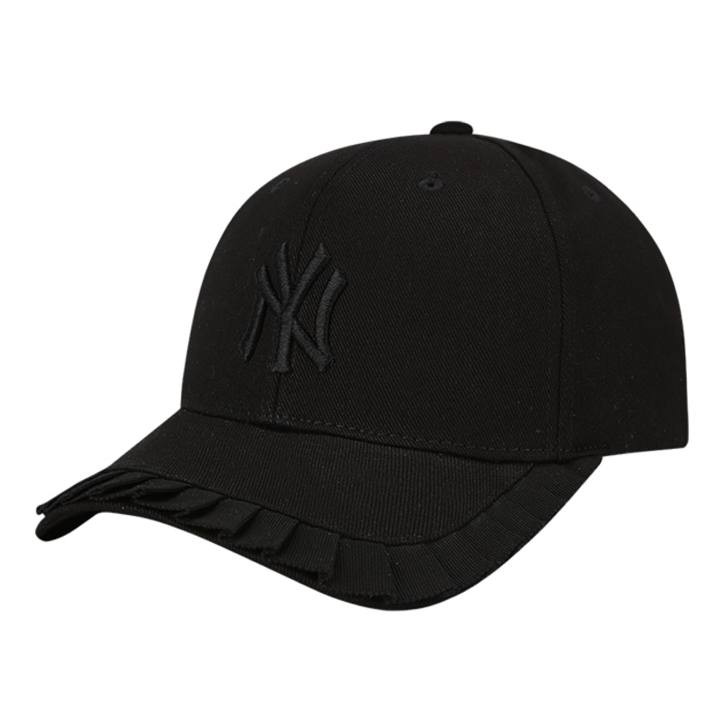 韓國MLB 帽沿荷葉邊後蝴蝶結綁帶調節設計NY純黑老帽 棒球帽