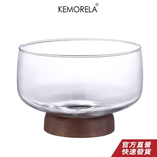 KEMORELA 歐洲透明玻璃水果託盤木製底座糖果甜點儲物託盤沙拉碗咖啡桌桌面家居裝飾新款家用玻璃透明果盤儲物盤現貨快發