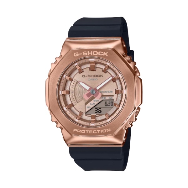 【CASIO G-SHOCK】玩美極致時尚金屬八角框雙顯運動腕錶-玫金x黑 GM-S2100PG-1A4
