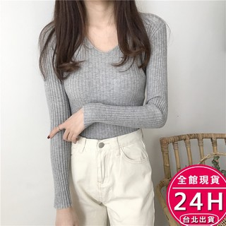 【梨卡】隔日到貨 女裝 針織上衣 長袖 毛衣 內搭打底衣 V領針織上衣 包芯紗 坑條 針織衫 BR3989【現貨24H】