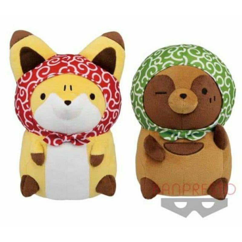 sega日本景品 タヌキとキツネ 狐與狸 小狸貓和小狐狸 狸貓與狐狸 包頭巾 全兩種 正版日貨 玩偶娃娃