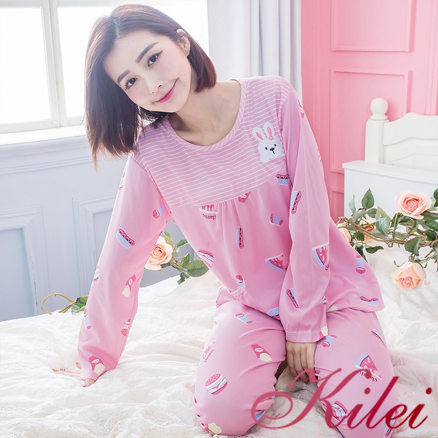 【Kilei】女生睡衣 睡衣套裝 家居服 速食插圖圓領條紋牛奶絲長袖二件式睡衣組XA4259-02(清新粉紫)全尺碼