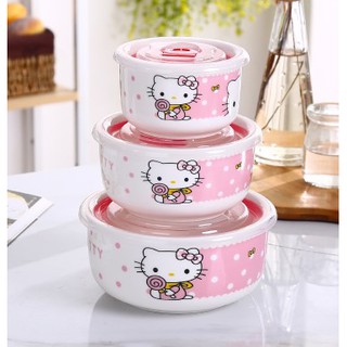 hello Kitty微波爐陶瓷密封保鮮碗 泡麵便當碗大中小三件套