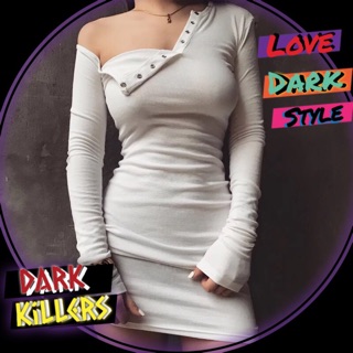 Dark Killers 必買 歐美 超火性感 斜肩 露肩 長袖 螺紋 彈力 顯瘦 中長版 合身包臀洋裝