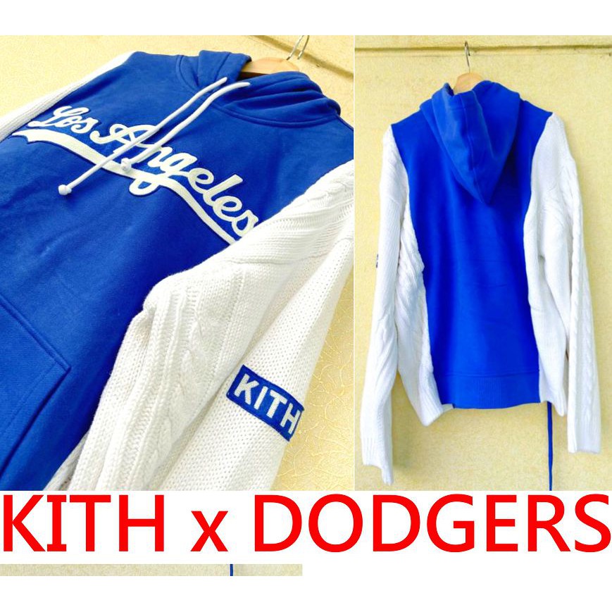BLACK全新KITH x MLB x洛杉磯LA道奇隊DODGERS針織拼接棉質連帽長T帽T