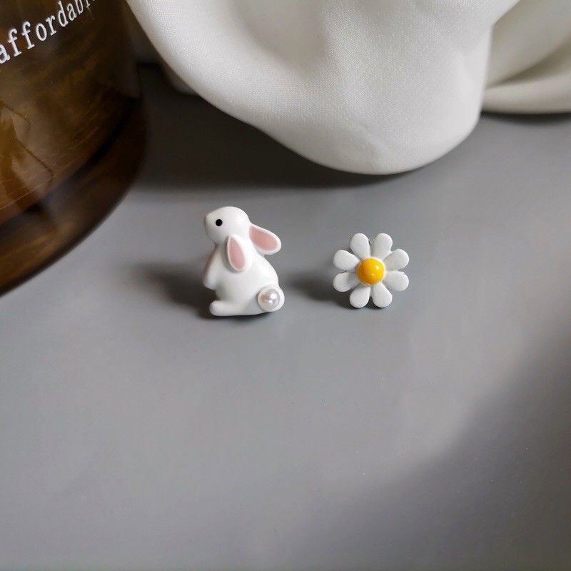 ▪NANA▪D01 日韓流行時尚 S925 銀針 可愛 不對稱 兔子小花 甜美耳飾耳環