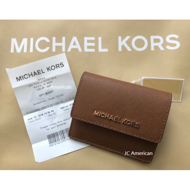 Michael Kors MK 金色logo 駝色(咖啡色) 十字紋防刮 鑰匙零錢包/卡片包 ~現貨在台