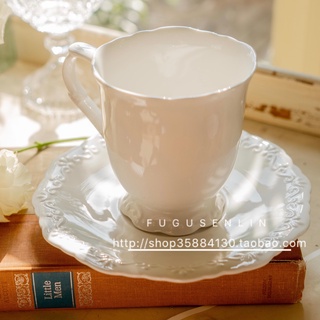DOUBBLE 生活家居尾單歐式復古浮雕咖啡杯白色陶瓷家用水紅茶牛奶麥片馬克杯碟套裝#超取請聊聊我#預購
