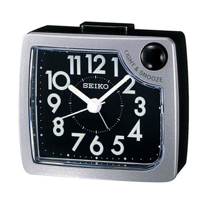 神梭鐘錶】SEIKO CLOCK 型號：QHE120 精工貪睡靜音夜燈BB聲高級小鬧鐘黑白銀金方形| 蝦皮購物