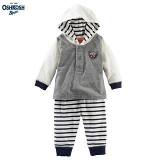 美國Oshkosh正品 男寶寶灰白長袖連帽上衣＋長褲二件組9M、12M