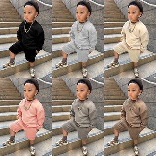 Kids Tales 秋季兒童男孩女孩衣服 2 件套運動服套裝純色上衣運動衫 + 鬆緊慢跑短褲休閒套裝