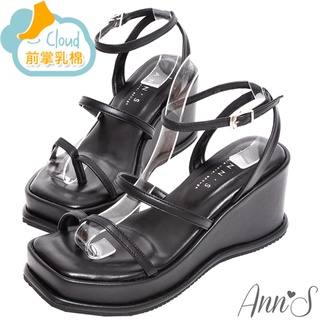 Ann’S美圖厚底系列-夾腳三條細帶後跟交叉簍空方頭涼鞋-7.5cm-黑