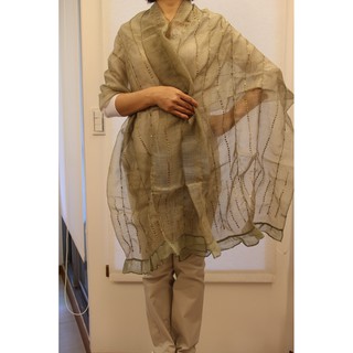 印度全手工羊毛圍巾/披肩~秋香色+立體綴珠