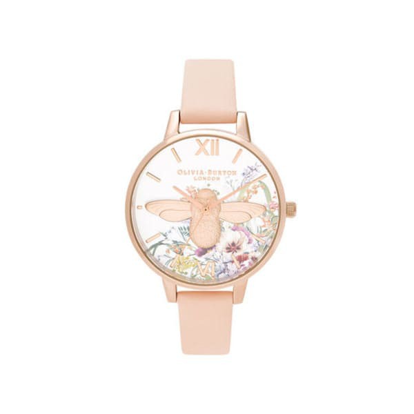 【OLIVIA BURTON】魔法花園3D大蜜蜂白面蜜桃粉皮帶腕錶 OB16EG151 現代鐘錶