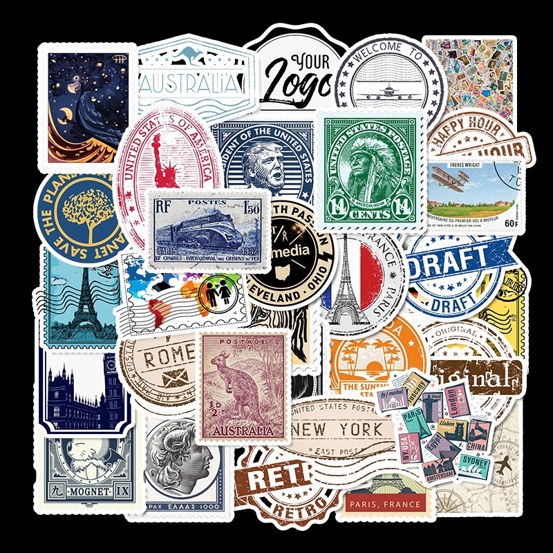 50張復古旅行郵票塗鴉貼紙 行李箱滑板車筆電吉他超防水貼畫