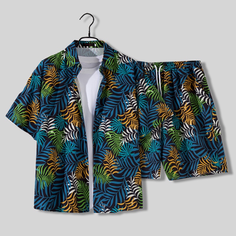 短袖花襯衫男士夏威夷沙灘褲休閒套裝中褲寬鬆情侶旅行度假套裝