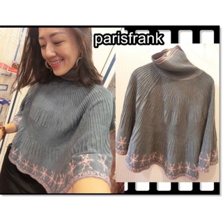 parisfrank~~品牌showcase 高質感 高領 氣質精緻 針織灰色鑲粉線條斗篷