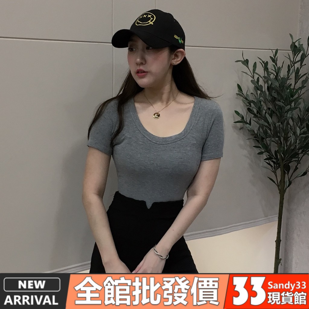 U領低胸短袖T恤【C-713】春夏新款韓系百搭INS大圓領爆乳顯胸性感上衣 合身上衣 短袖上衣 女生衣著 33