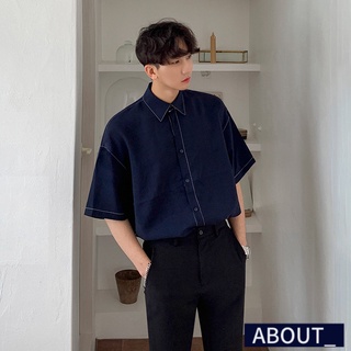 【ABOUT_歐巴】明線感有型寬鬆短袖襯衫 韓 短性上衣 襯衫 休閒五分袖 夏 男