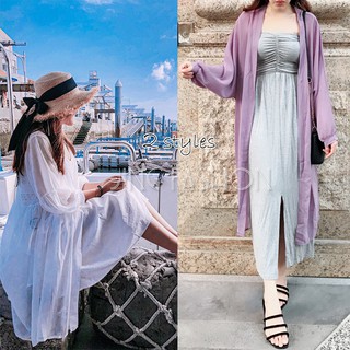 獨家*2款多色現貨秒出💖實拍【JinG】夏日白皙美人💜及腳踝雪紡長版罩衫 喇叭袖開襟長罩衫 燈籠袖長外套 寬袖防曬外套